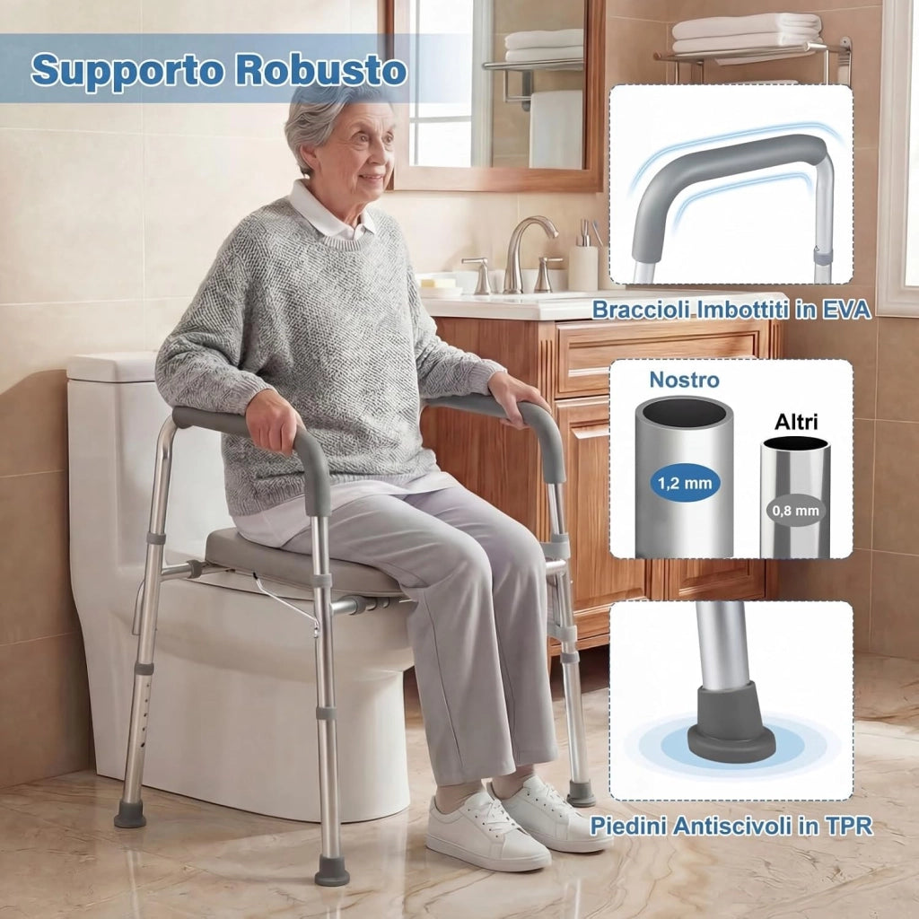 Ringhiera di Sicurezza WC, Barra Bagno con Braccioli Imbottiti, Portacarta Igienica e Tasca Portaoggetti, Altezza Regolabile in 5 Posizioni, Rialzo WC per Anziani, Donne Incinte e Pazienti