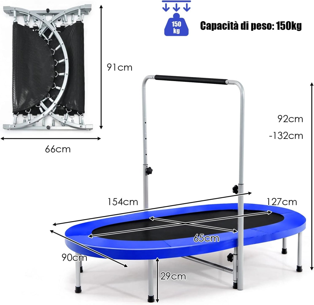 Trampolino Elastico da Interno ed Esterno, Tappetino Elastico Pieghevole per Adulti e Bambini con Maniglia Regolabile, Molle e Cuscinetto di Sicurezza, Trampolino Ovale per 2 Persone, Blu
