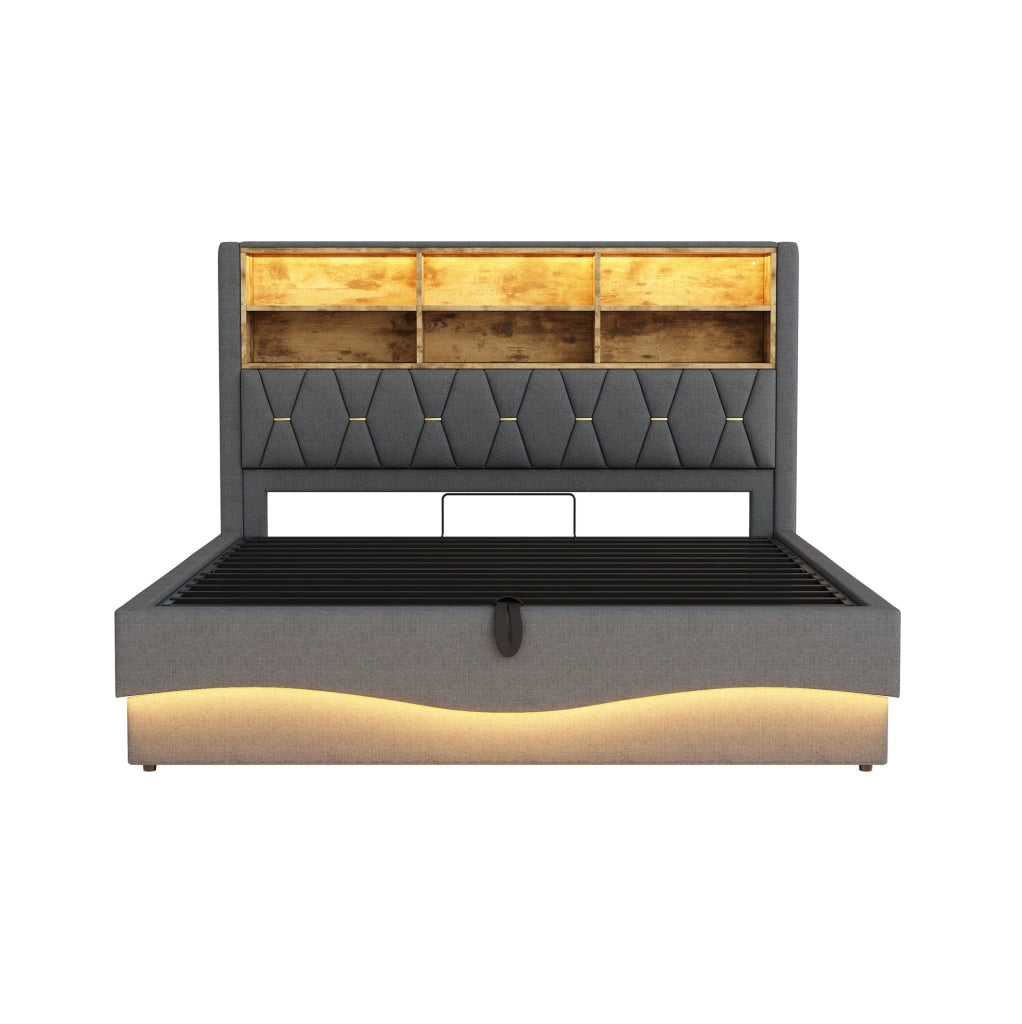 Letto imbottito 180x200 cm con contenitore; LED e USB in lino e ferro grigio