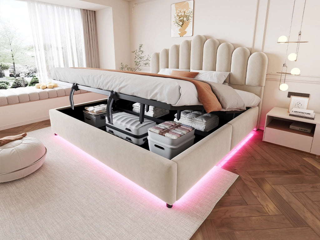 Letto imbottito 180x200 cm con contenitore idraulico, testiera trapuntata, LED e struttura in velluto beige