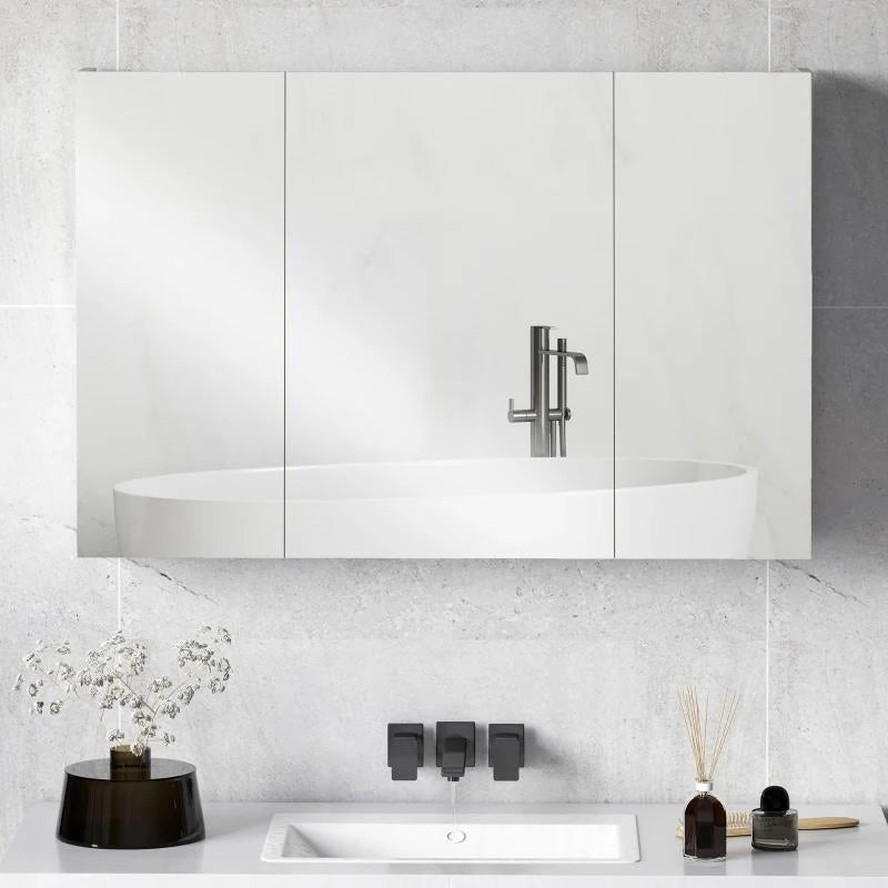 ARMADIETTO PENSILE BAGNO CON 3 ANTE A SPECCHIO E RIPIANI REGOLABILI IN LEGNO 90X13.5X60 CM, BIANCO