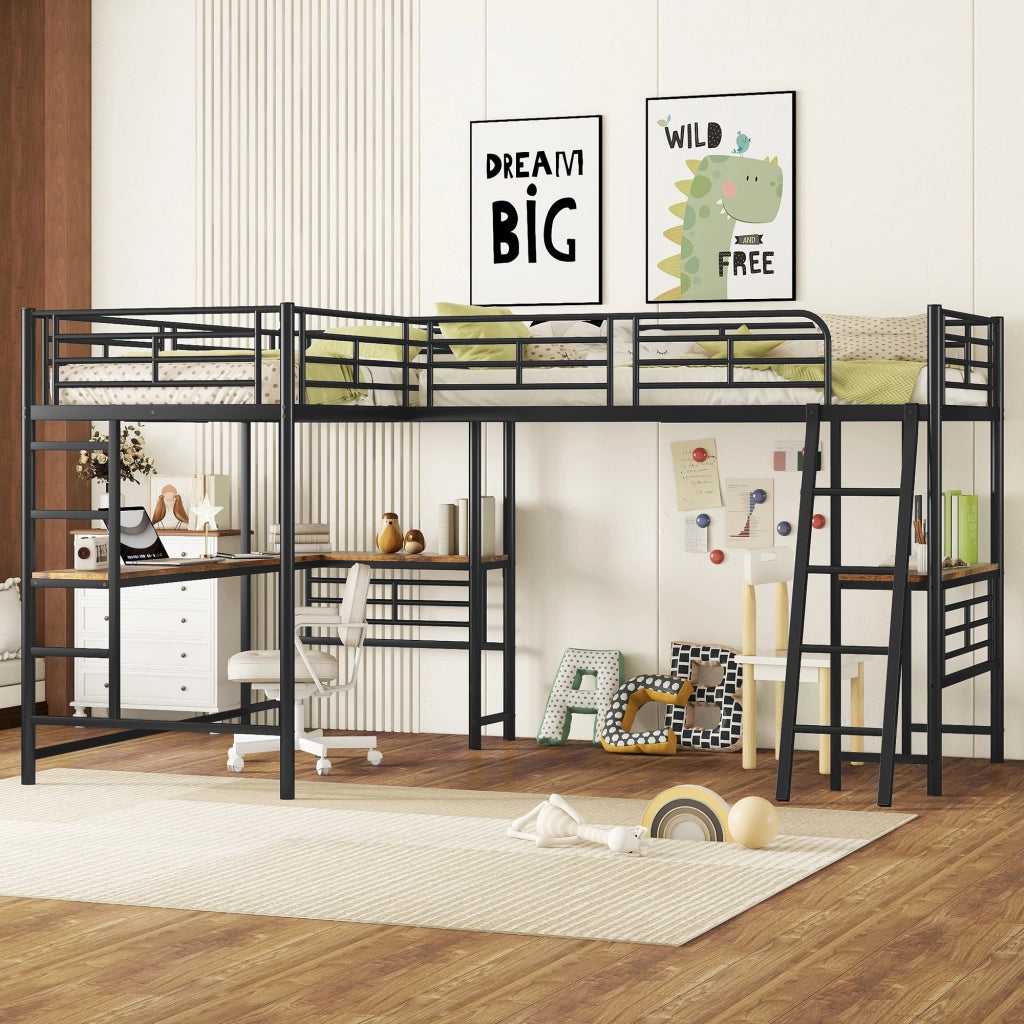 Letto a soppalco 1 posto con scrivania, scala doppia e sponda alta 90 × 200 cm, senza materasso, nero