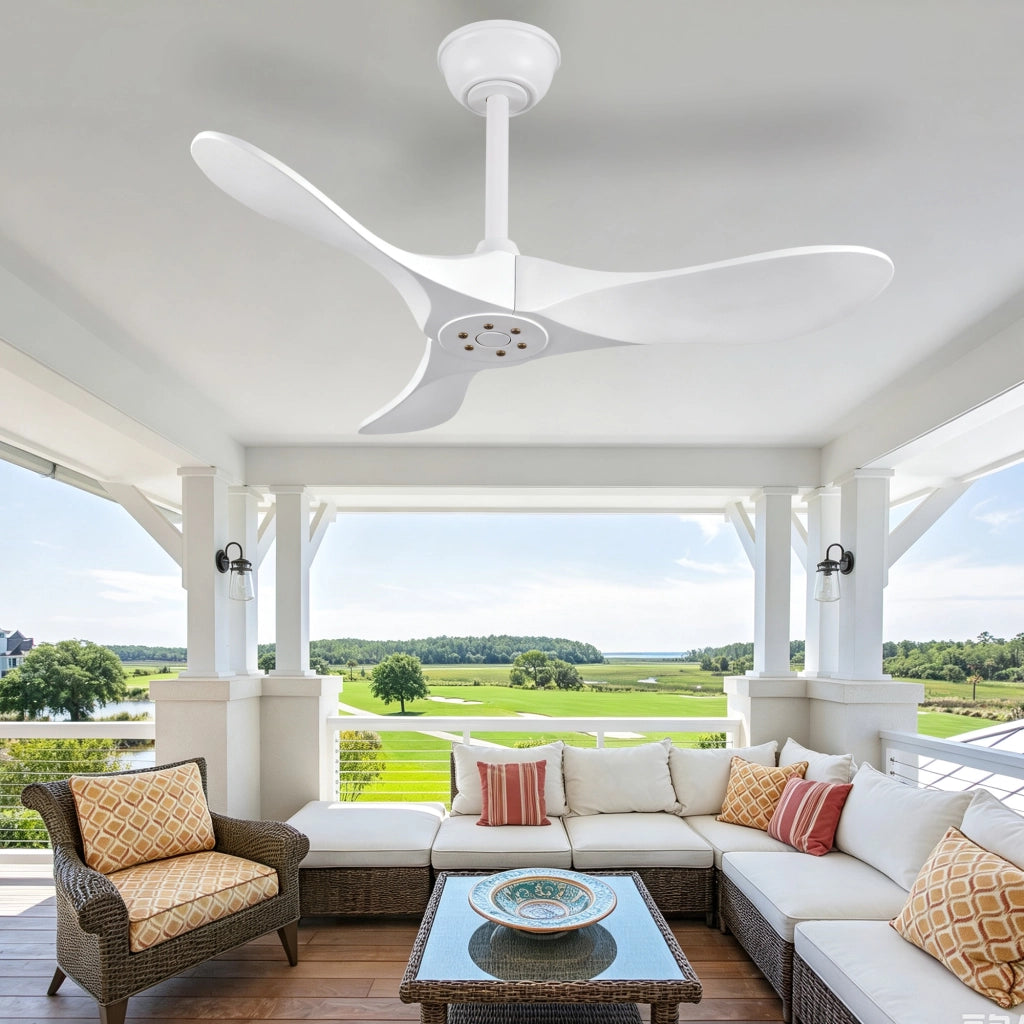 Ventilatore da soffitto bianco design moderno 36 pollici, 3 pale legno massello, senza illuminazione, motore DC reversibile silenzioso