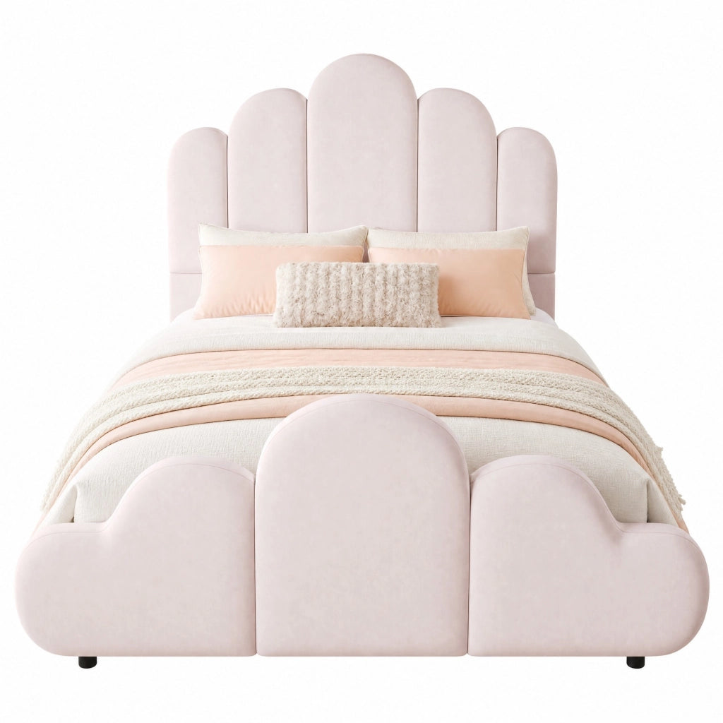 Letto singolo imbottito 90x200 cm in velluto rosa con testiera arrotondata e rete inclusa