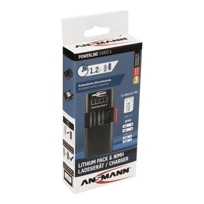 Ansmann 1001-0085 Powerline Vario X Caricatore Universale per Batterie Li-Ion Li-Po e NiMH 3 Canali di Carica Display LCD Alimentazione 5 V via USB colore Nero