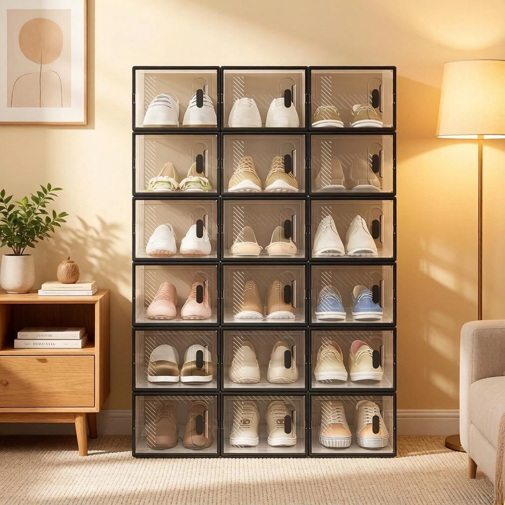 Scatole porta scarpe impilabili in plastica trasparente e nera con 18 box per scarpe per camera da letto e bagno