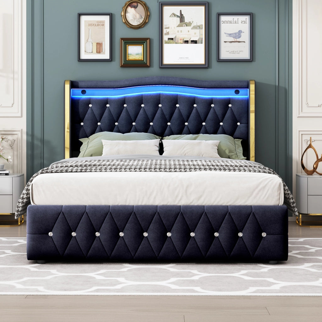 Letto contenitore 140 × 200 cm 2 posti con LED multicolore e vano idraulico, senza materasso, velluto nero