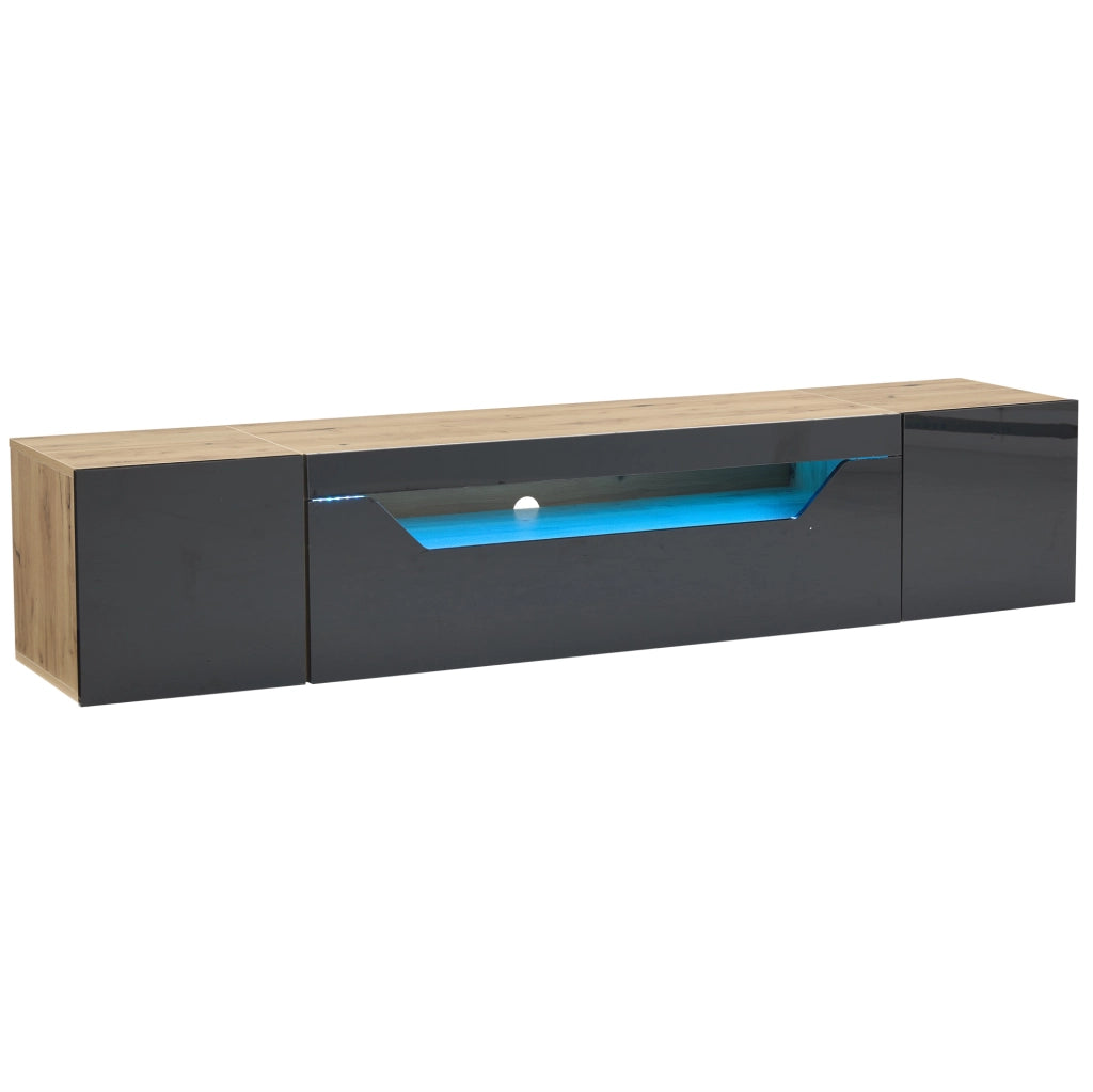 Mobile TV sospeso 180x37x36 cm con LED e 3 vani in pannello truciolare nero e naturale