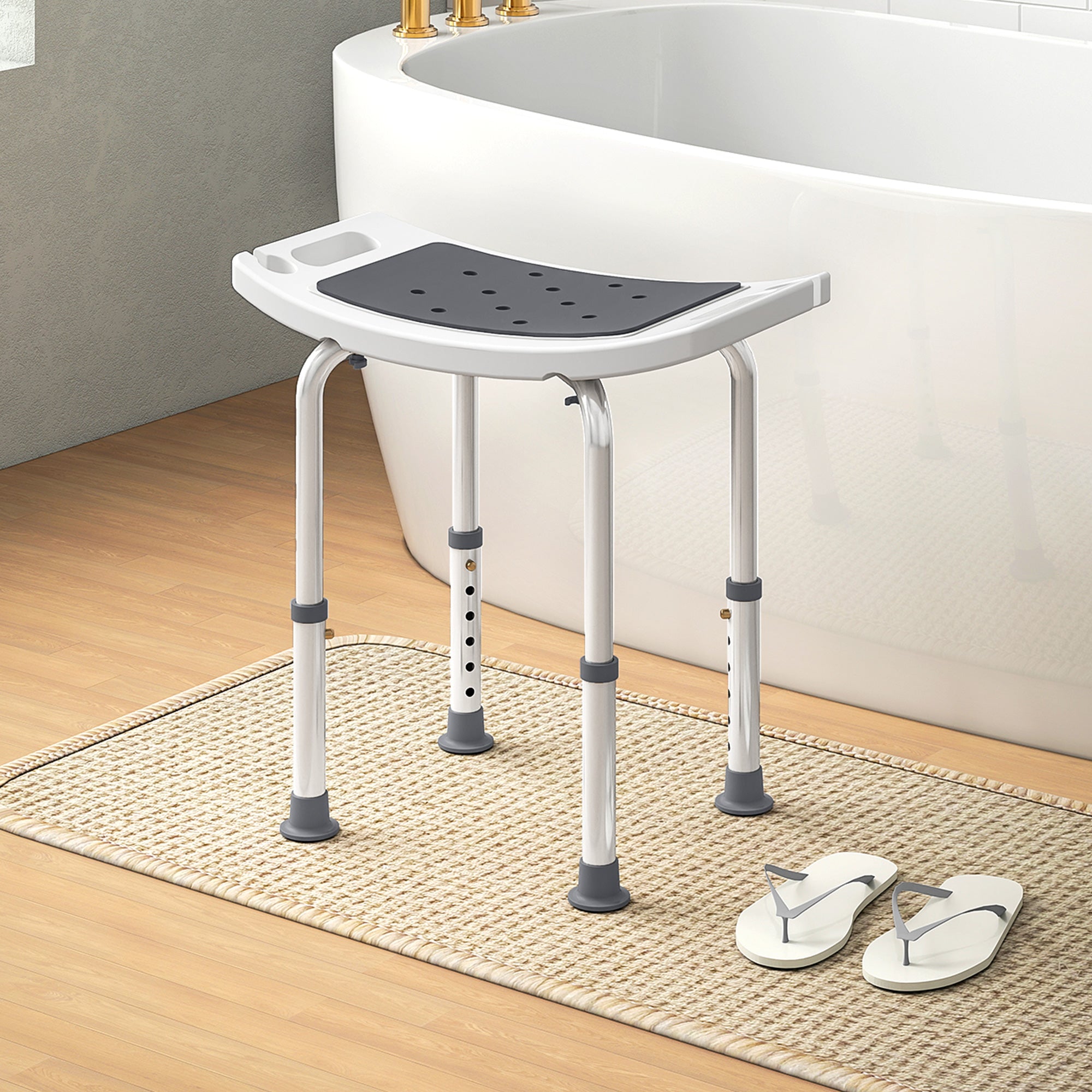 Sgabello da Doccia Altezza Regolabile 6 Livelli 39-52 cm in Lega di Alluminio e Plastica Antiscivolo Grigio