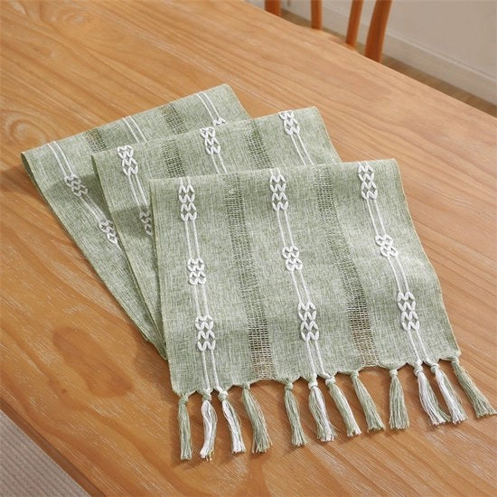 Tappeto da tavolo boho stile campagna, decorazione da tavolo lavabile, accessori da tavolo, decorazione da tavolo per feste, compleanni, festival, matrimoni, 
Dimensioni: 33x183cm, Jacquard a doppia trama verde chiaro