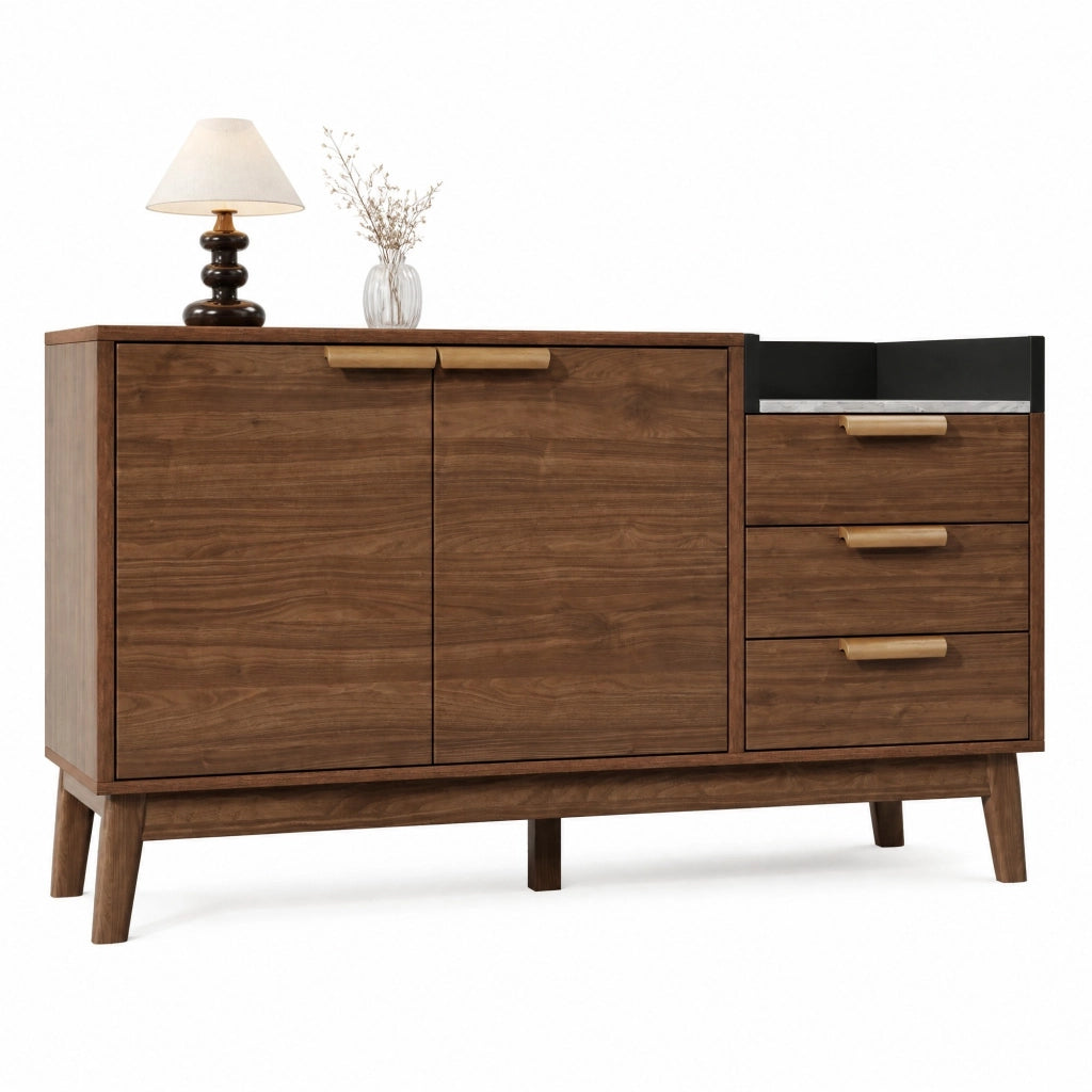 Credenza in effetto rovere con piano effetto marmo; 120x40x77 cm; marrone scuro