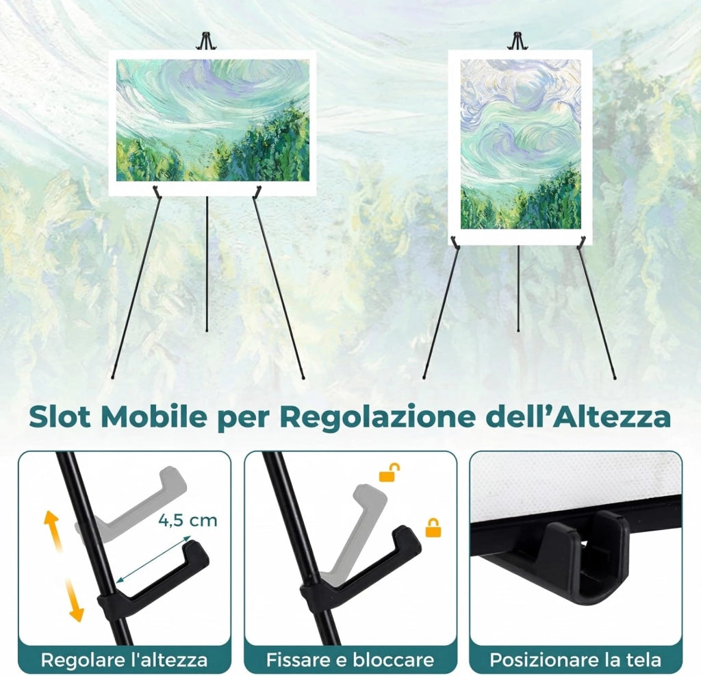 6 Pz Cavalletto per Dipingere, Cavalletto Pittura in Metallo con Staffe Regolabili, Piedini Antiscivolo e Borsa, Cavalletti da Esposizione Portatile, Portata 10 kg, Per Dipinti Poster