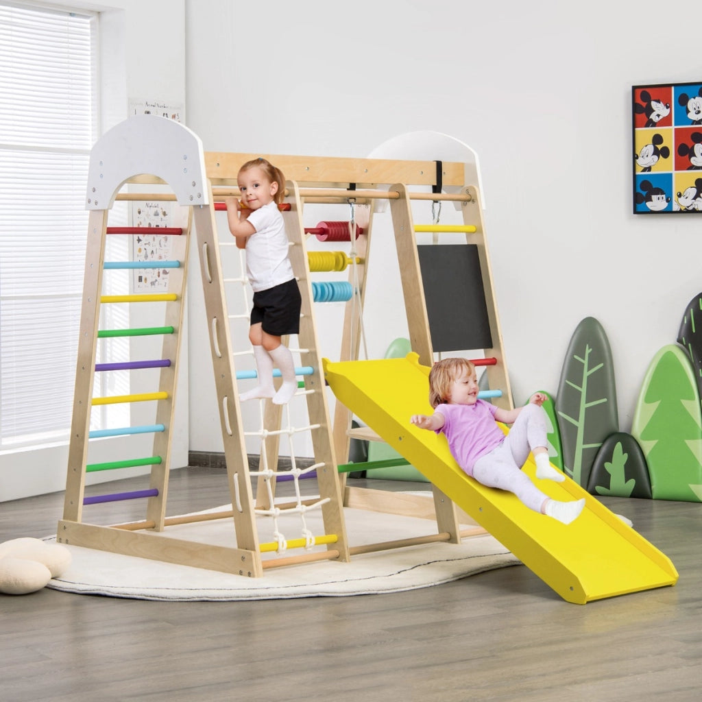 Set arrampicata 8 in 1 per bambini con abaco e altalena-Set arrampicata di legno con scivolo e scala Colorato-Arrampicate e scivoli