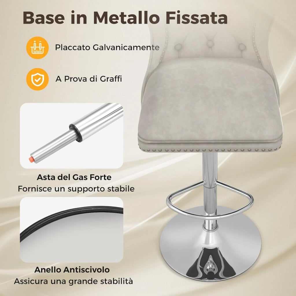 Set 2 Sgabelli da Bar in Velluto 97-117cm, Sedie Regolabili e Girevoli con Poggiapiedi, Schienali e Base in Metallo Elettroplaccata per Casa, Cucina, Pub e Ristorante (Grigio)