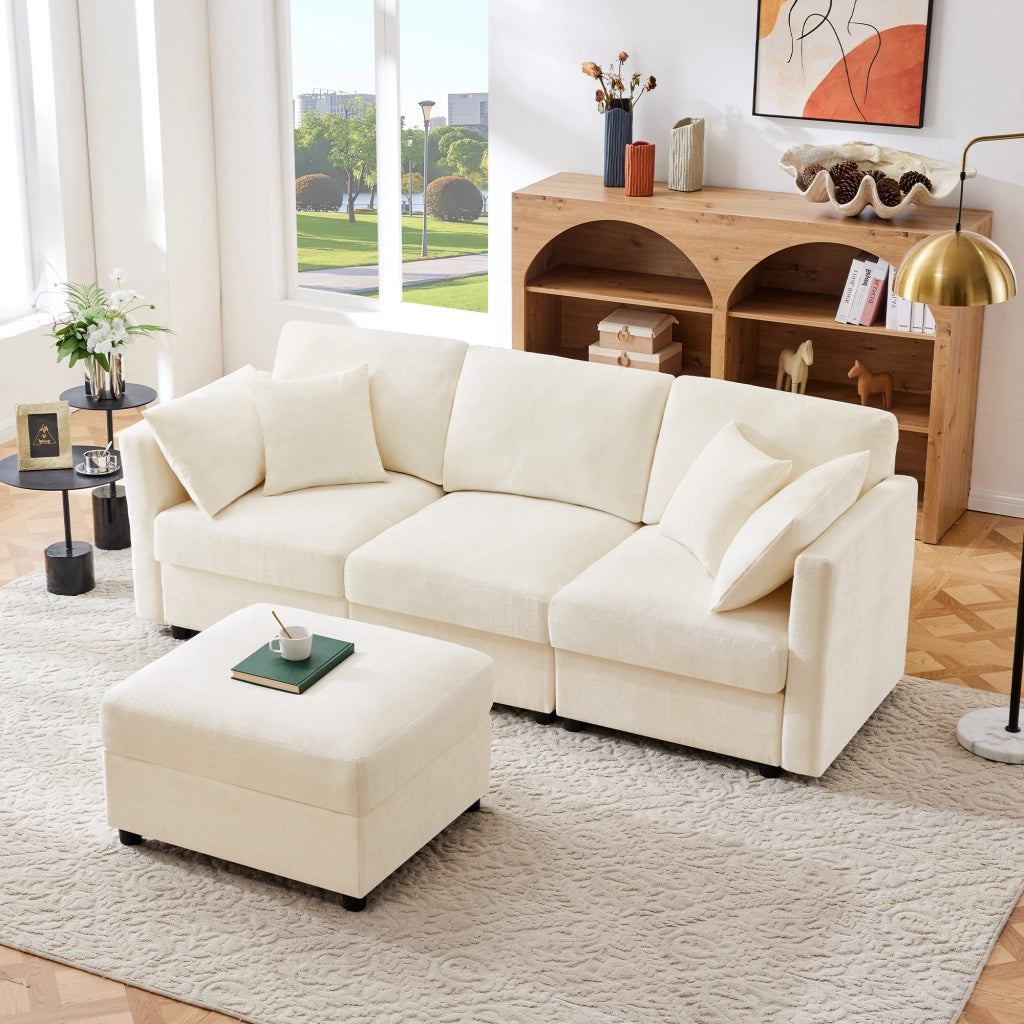Divano angolare 3 posti con pouf mobile, braccioli regolabili e 4 cuscini, seduta a molle, in ciniglia beige