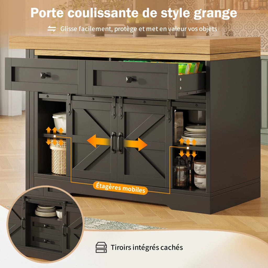 Tavolo da pranzo multifunzione con mobile laterale; ante scorrevoli; pannelli girevoli a 360°; nero; 120 × 40 × 72 cm