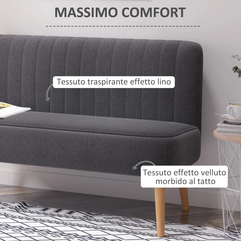 Divano 2 Posti in Tessuto Effetto Lino Senza Braccioli con Gambe in Legno, 117x56.5x77 cm, Grigio Scuro