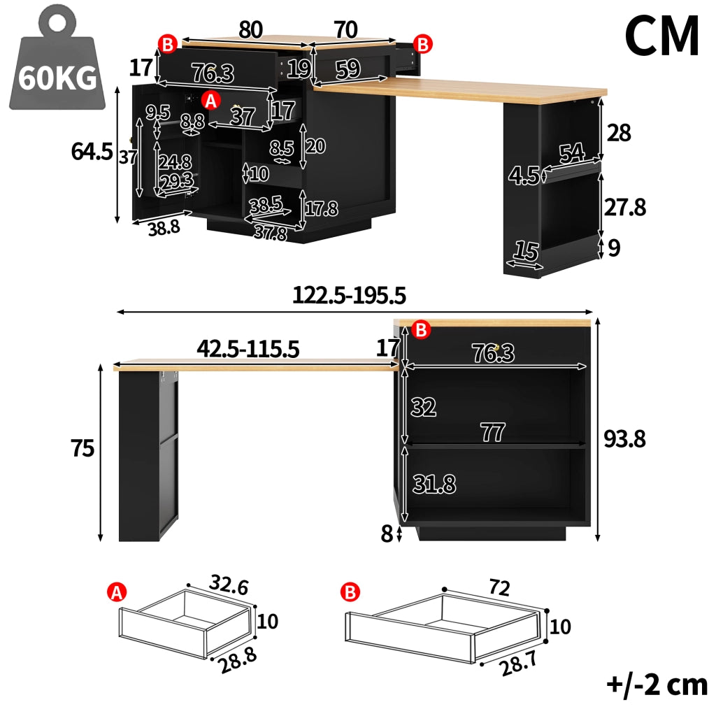 MOBILE ISOLA CUCINA ESTENSIBILE 122,5-195,5 cm Nero MDF