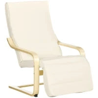 Poltrona Relax con Poggiapiedi a 5 Livelli e Poggiatesta, Legno di Betulla e Tessuto, 66,5x94x100 cm, Crema
