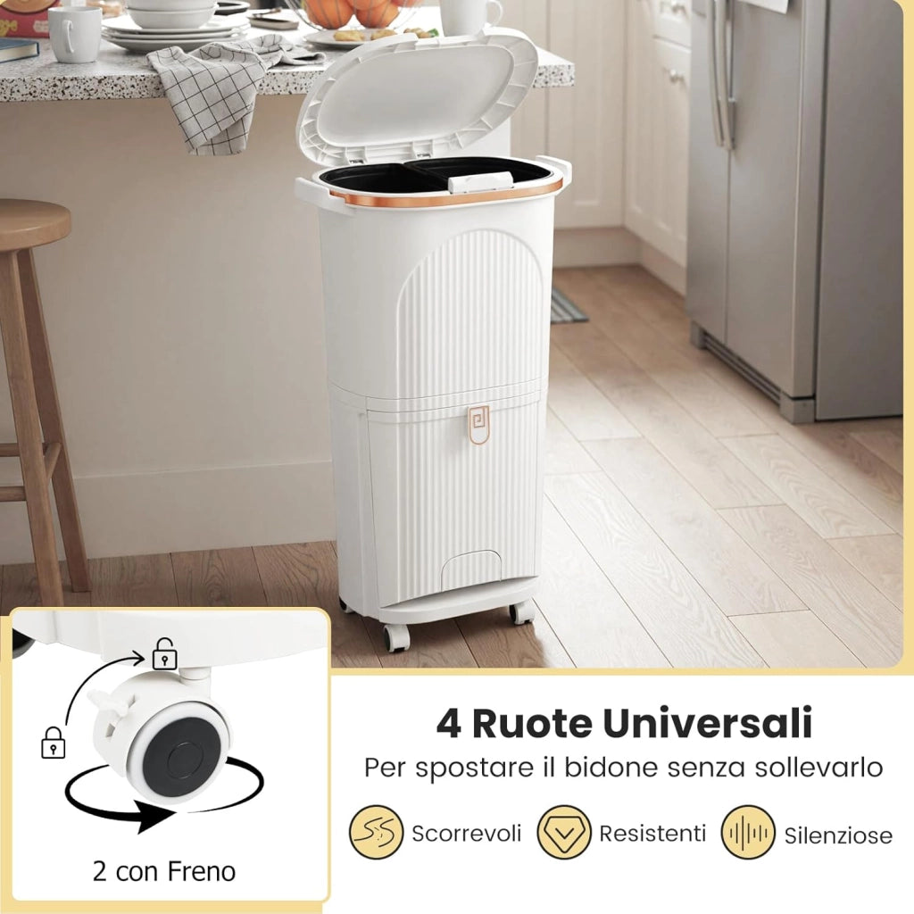 38 L（12+12+14 L） Pattumiera Differenziata, Secchio Spazzatura a 3 Scomparti con Coperchi, 2 Secchi Rimovibili Pedale e Ruote, Bidoni Differenziata per Bagno Cucina Ufficio