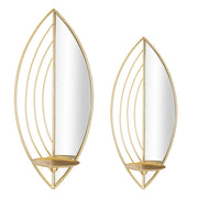 Set 2 portacandele da muro Leaf in ferro dorato e specchio CM 18x13x41 e 15x13x35