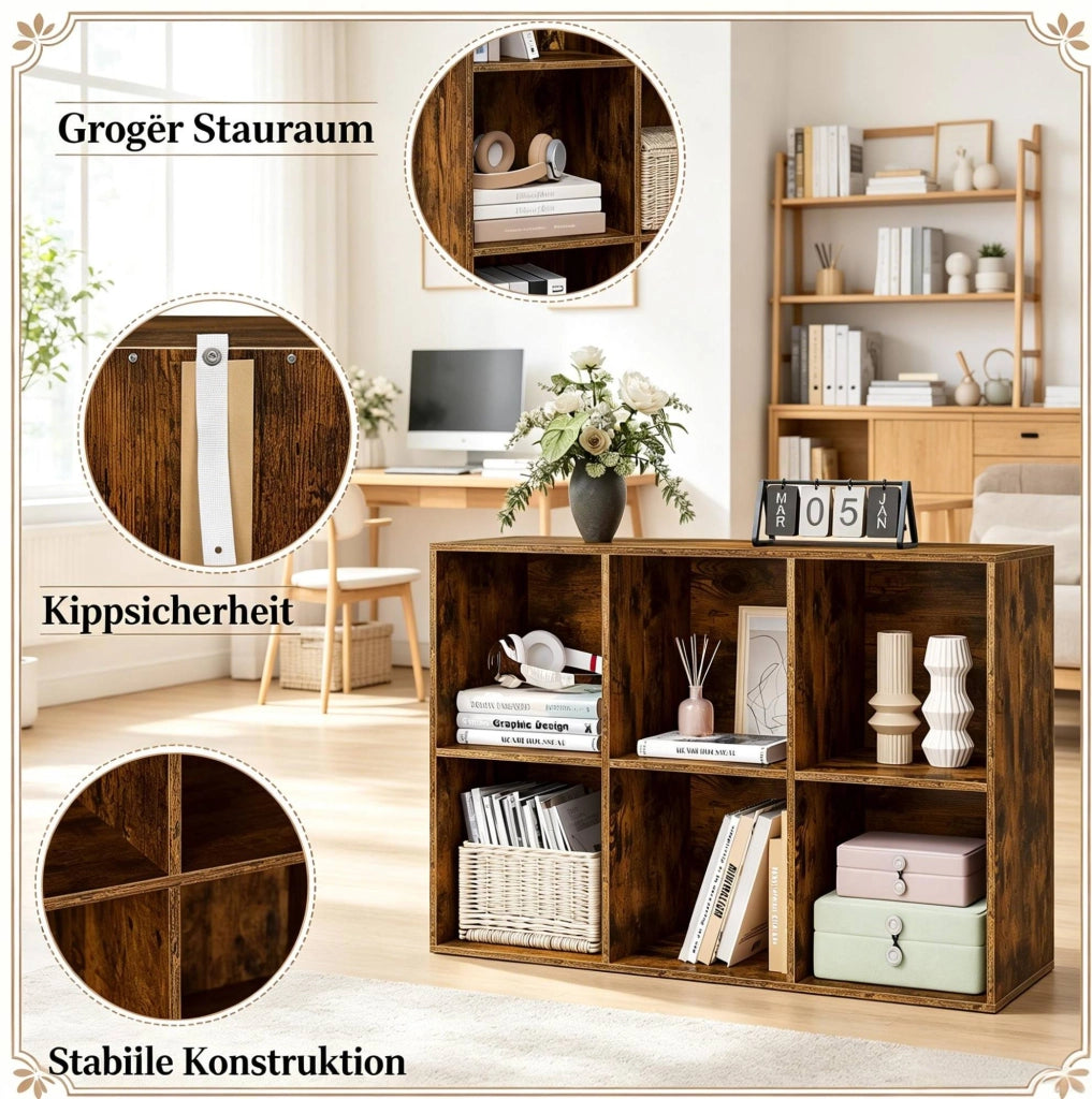 Libreria a cubi 6 vani in legno ingegnerizzato marrone rustico