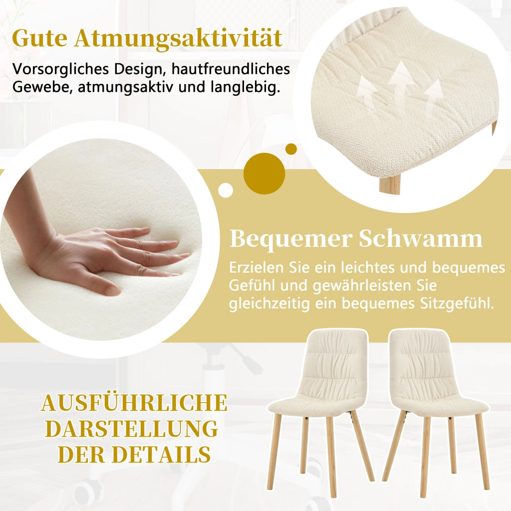 SEDIA da pranzo ergonomica 88 cm in tessuto bianco e legno massello, Set da 2 pezzi