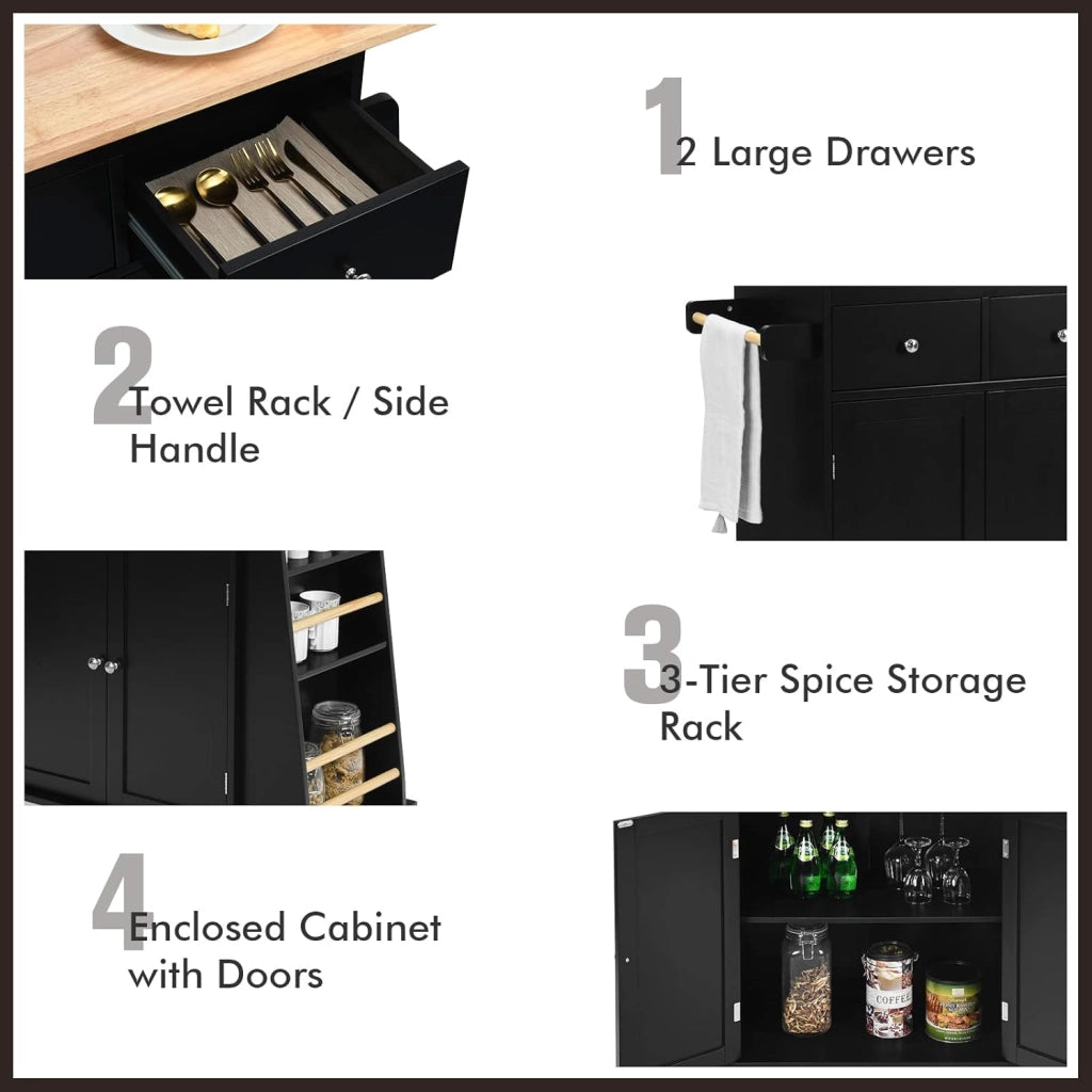 Credenza, Carrello di Servizio con Ruote Regolabile con Portaspezie a 3 Livelli, Armadio in Cucina con 2 Cassetti e 2 Porte, 2 Colori, 88x45x89,5cm