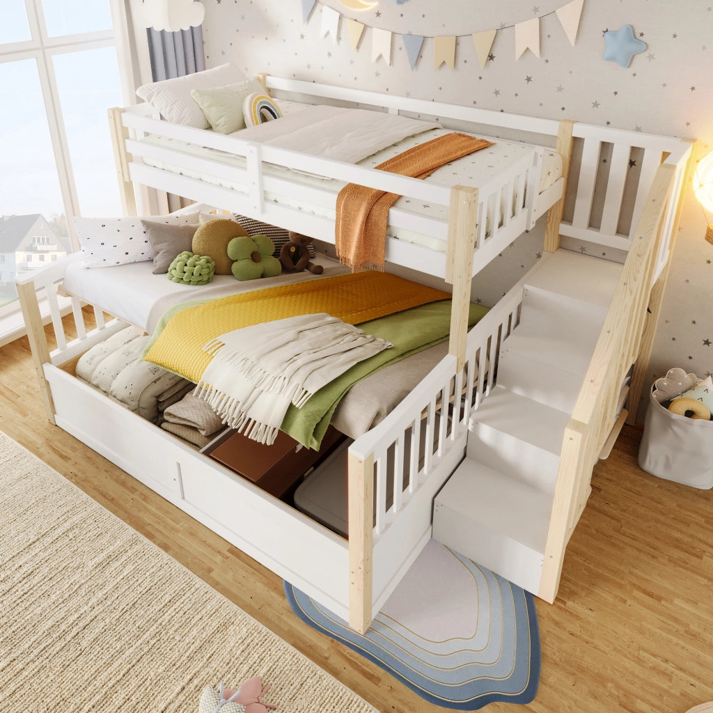 LETTO a castello 90x200 cm+140x200 cm in pino e MDF bianco/naturale