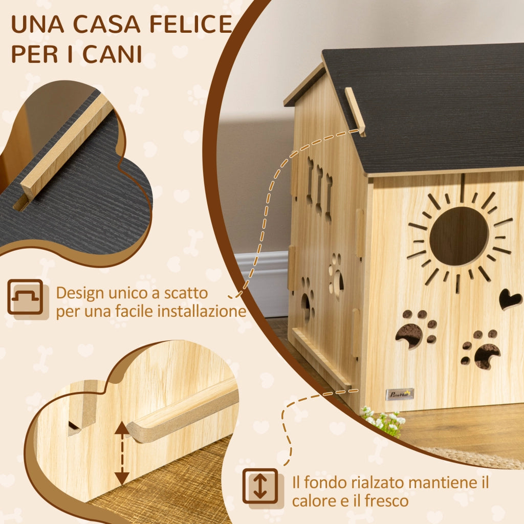 Cuccia per Cani da Interno con Struttura in Legno e Aperture a Forma di Zampa. Cuore e Ossa. Rovere