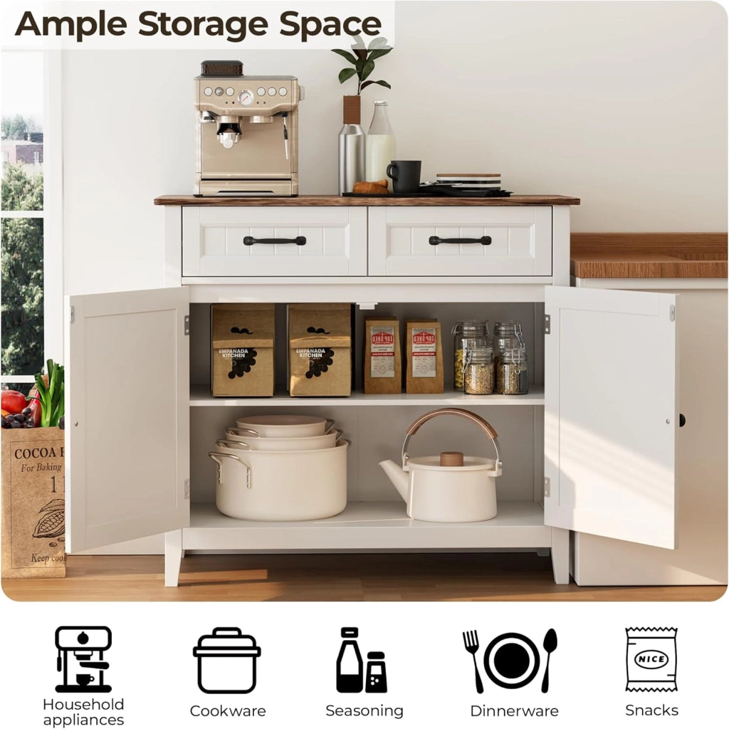Mobiletto da Cucina, Credenza Ausiliaria con 2 Cassetti e 2 Ante per Cucina, Sala da Pranzo, Soggiorno, 90×40×82 cm,Retro