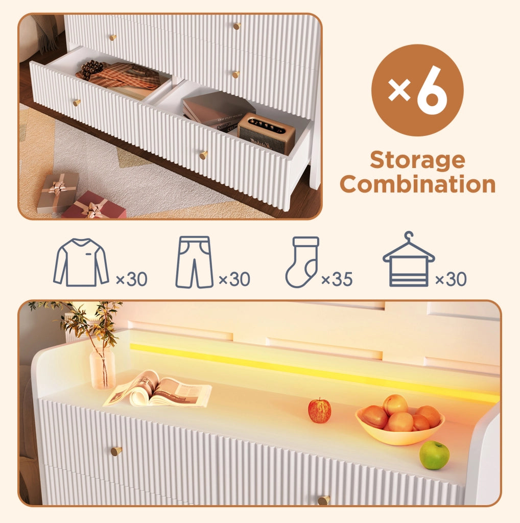 Madia bianca LED con 6 cassetti e vano aperto, 120 cm