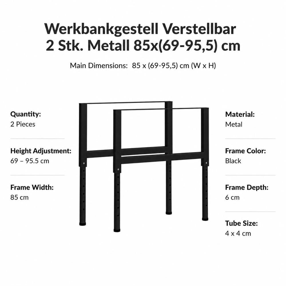 Adjustable Workbench Frame Set, Powder Coated Metal Table Legs, Height Adjustable 69 To 95.5 Cm, For DIY Workspace, 2 Pack, Black
