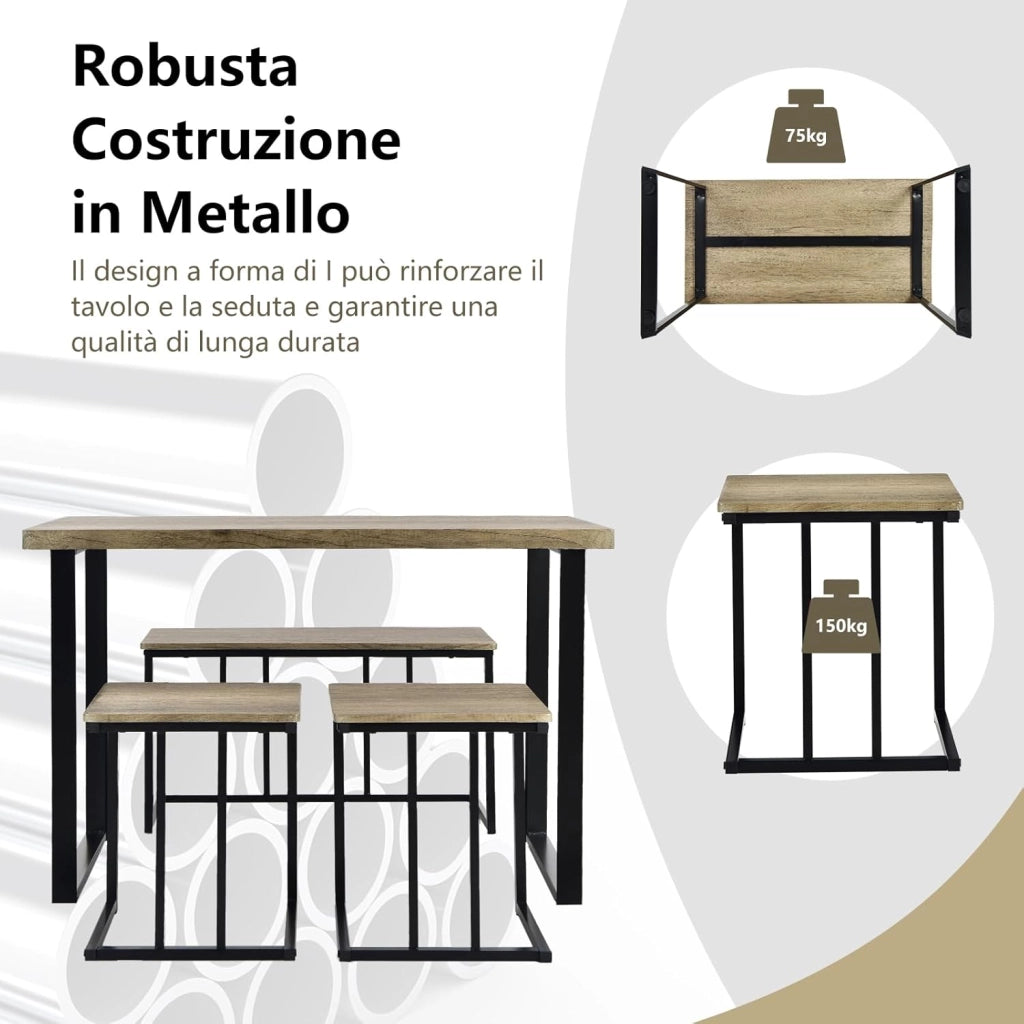 Set di Tavolo da Pranzo da 4 Pezzi, Tavolo da Cucina con Panca e 2 Sgabelli, Set di Mobili Salvaspazio con Struttura in Metallo per Cucina, Sala da Pranzo e Ristorante