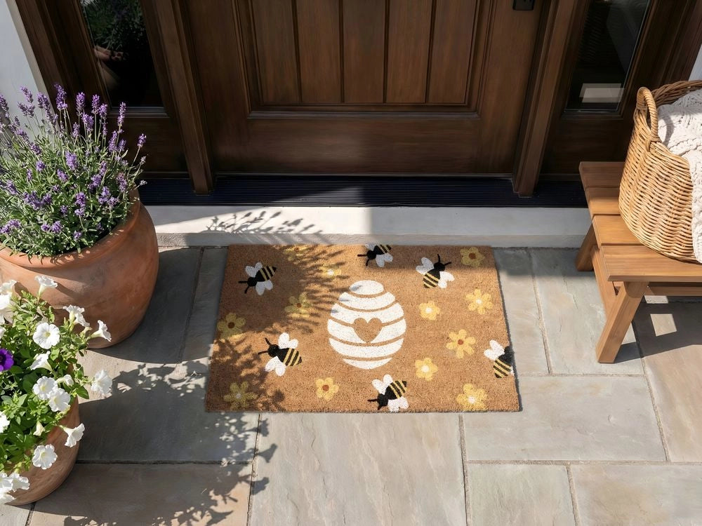 Zerbino in fibra di cocco naturale con fondo antiscivolo in PVC 45 x 75 cm Decorazione con motivo api e fiori