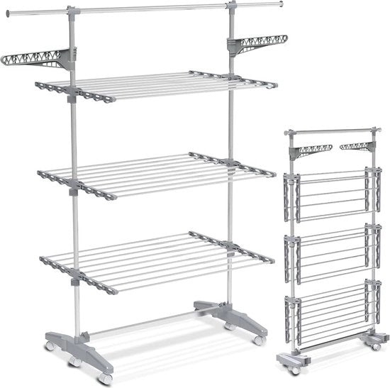 Droogtoren RVS a 3 livelli con 3 piani - 3 Livelli - Telaio in Acciaio Inox - 30 kg di Capacità - 23 Metri di Lunghezza - Droogrek in Acciaio Inox - Verstelbare Droogtoren