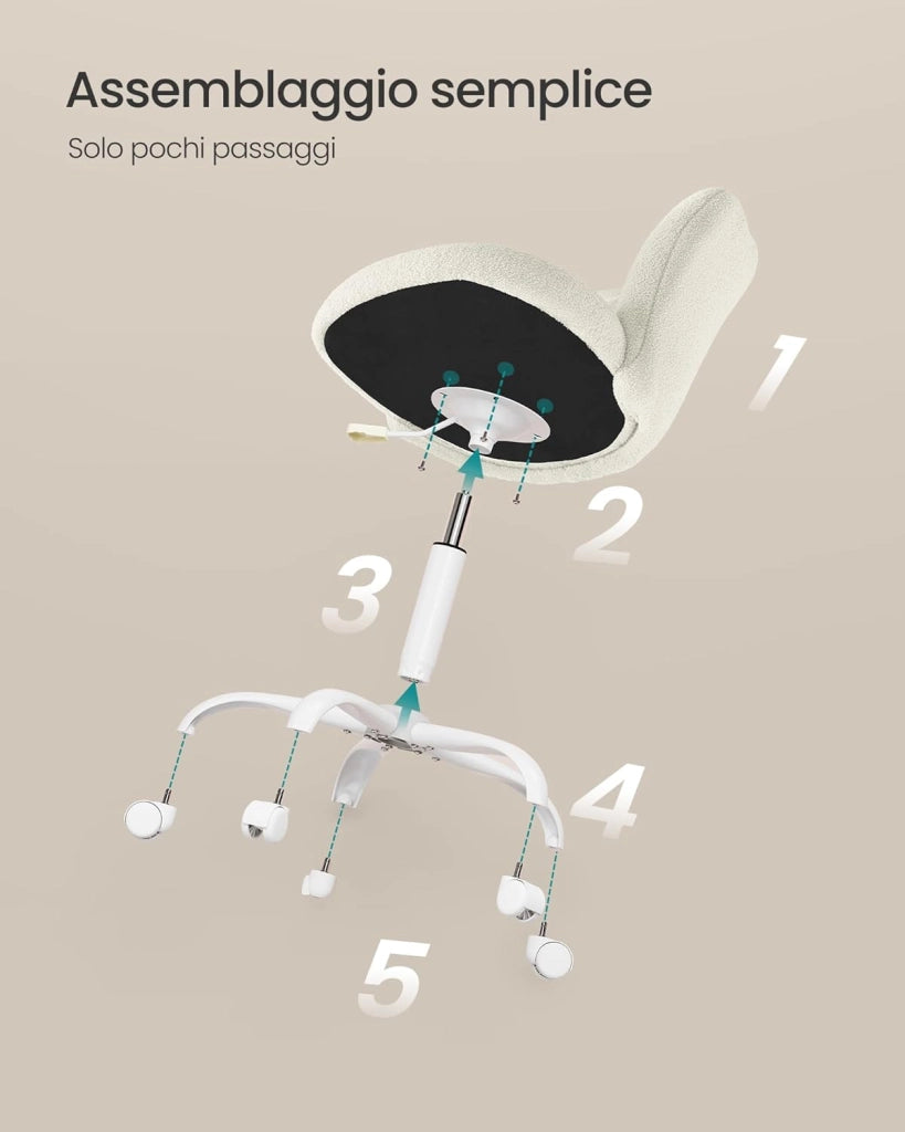SONGMICS Sedia da Ufficio Girevole a 360°, Sedia da Trucco Imbottita, Tessuto Peluche, Regge 110 kg, Schienale a Petali, Altezza Regolabile, Soggiorno Camera da Letto, Bianco Crema OBG030WD01