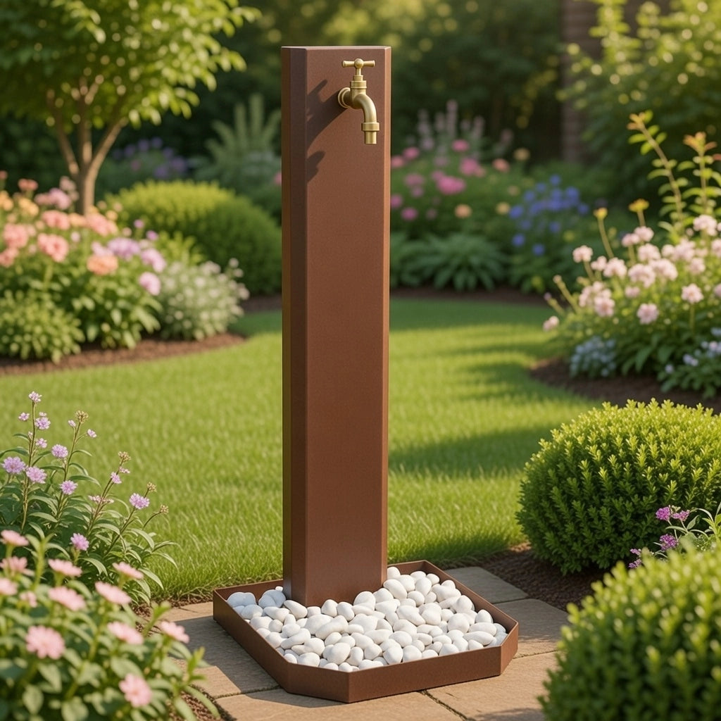 Fontana da Giardino Design a Colonna Ovale Rubinetto in Ottone e Base con Ciottoli Corten