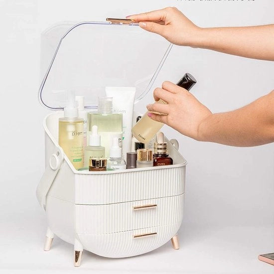 Organizzatore di trucco portatile, con coperchio ermetico, beauty-organizer con 2 cassetti per la scrivania da toeletta, camera da letto, bagno, bianco