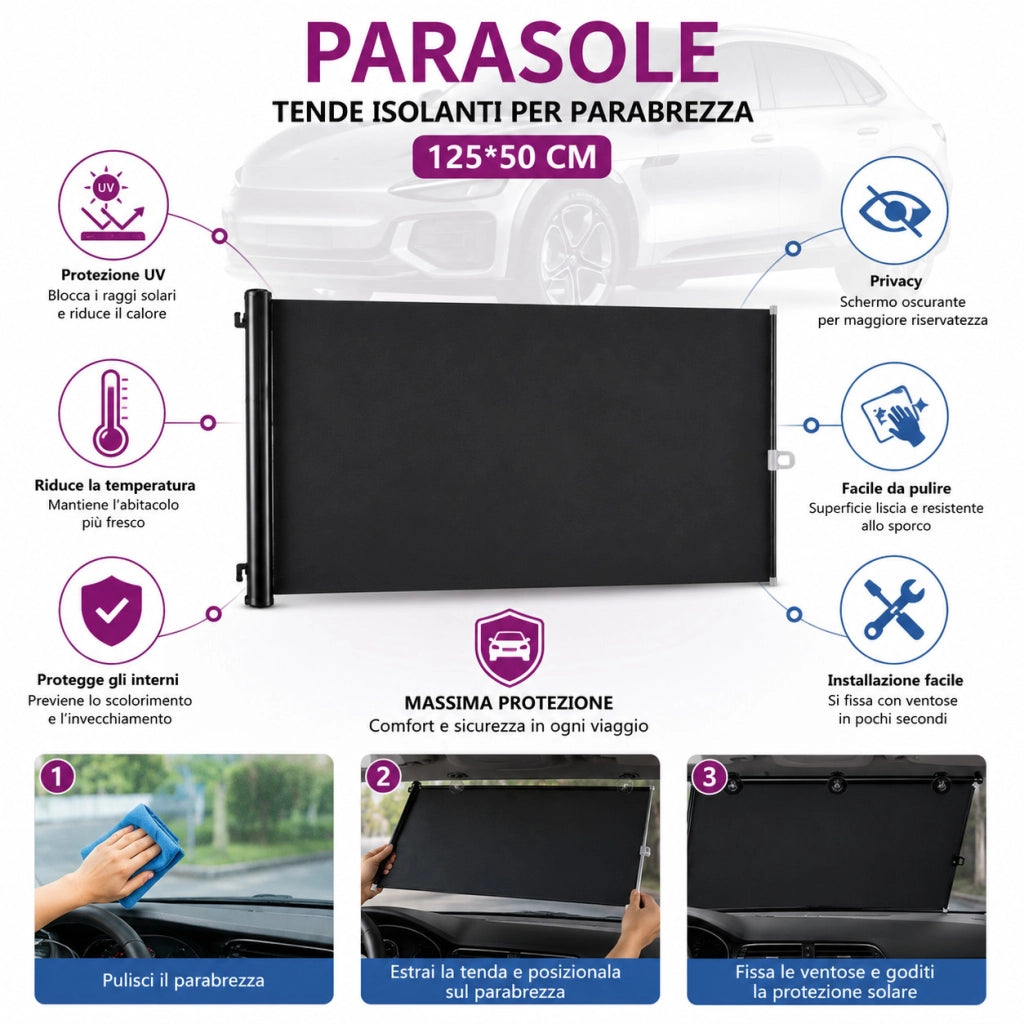 TENDINA PARASOLE AVVOLGIBILE PER AUTO 125x50CM PARABREZZA OSCURANTE CA-02467