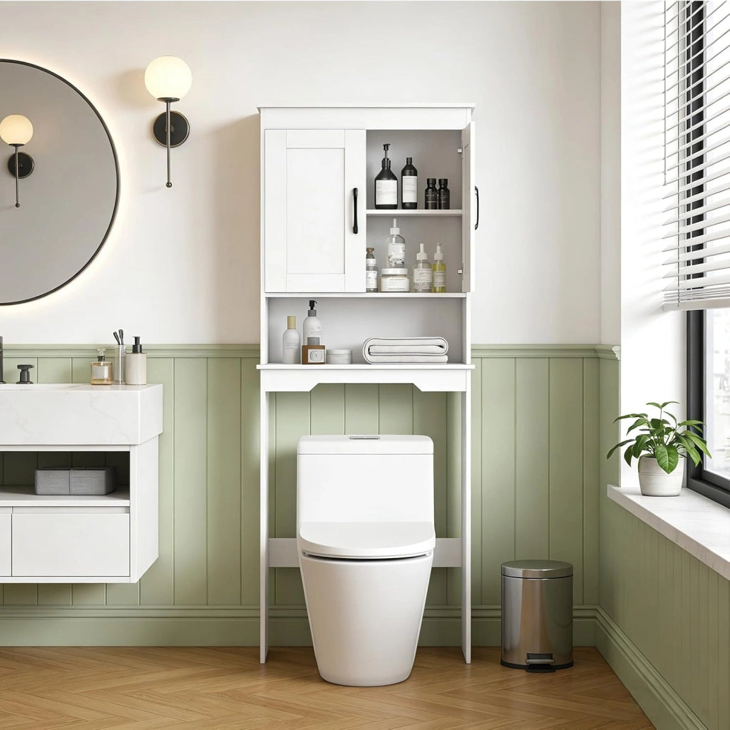 Armadietto portaoggetti da bagno, autoportante a 3 ripiani, con ante in legno e ripiano regolabile in 3 posizioni, organizer salvaspazio per bagno, bagno, lavanderia