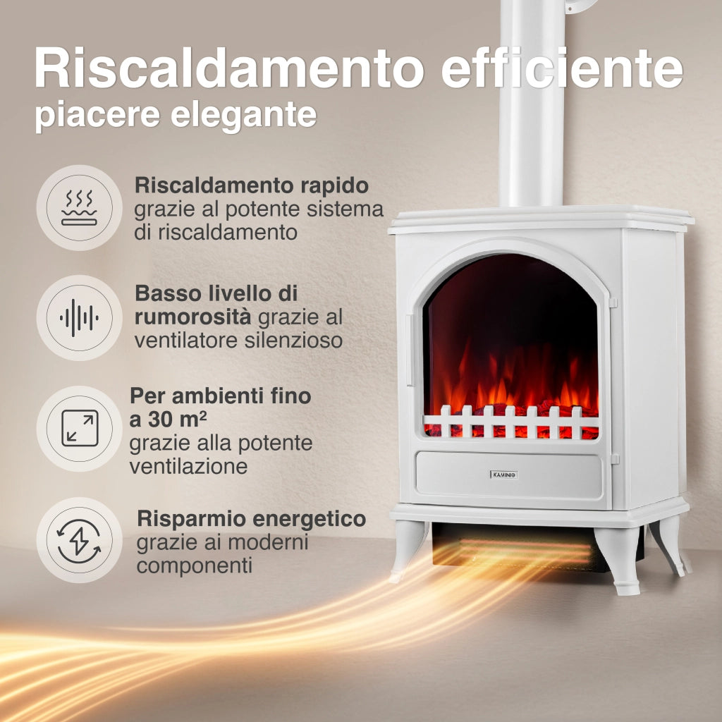 KAMINIO Camino elettrico LENI con tubo di scarico - Camino elettrico con riscaldamento, effetto fiamma 3D - Bianco