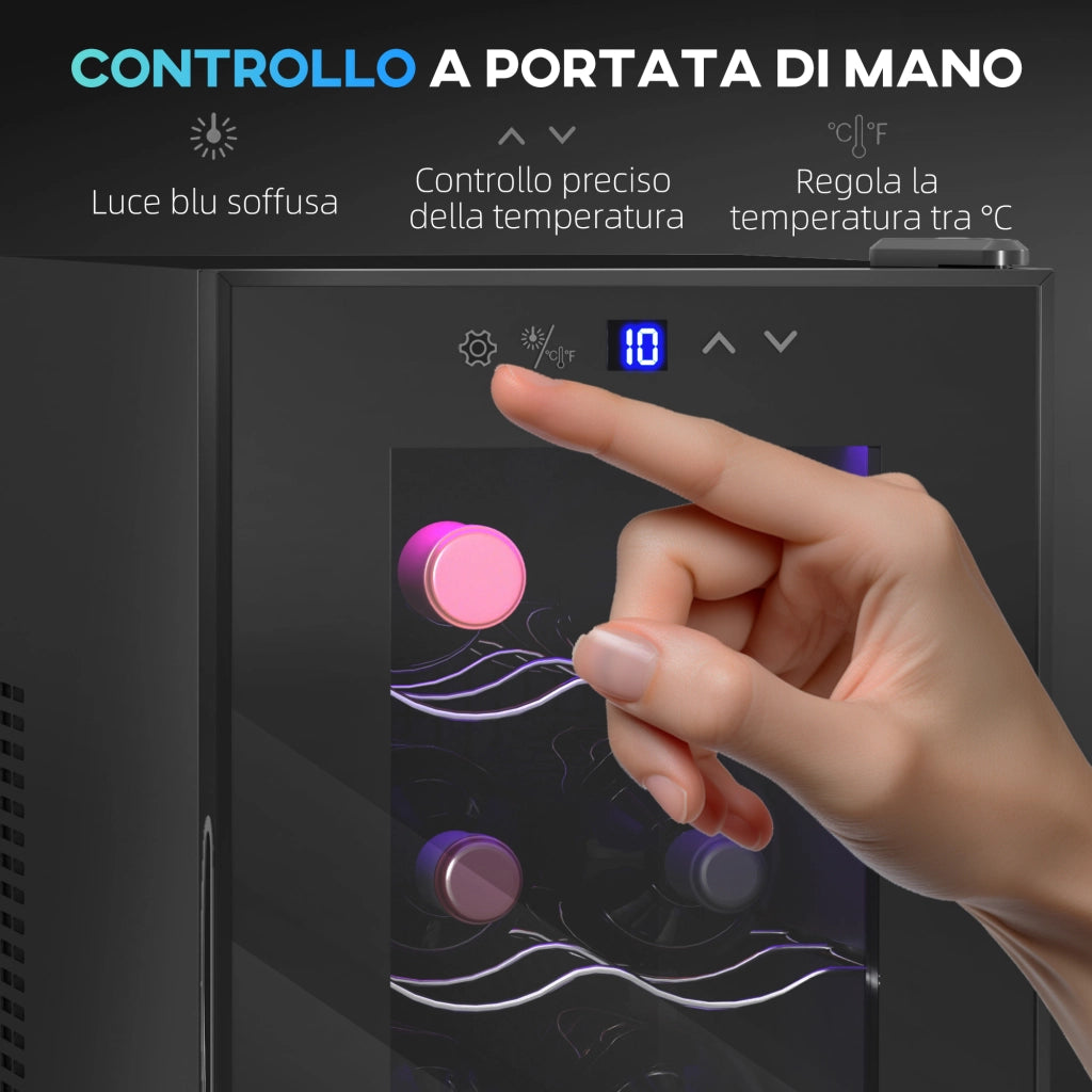 Cantinetta Vino Refrigerata per 8 Bottiglie, Capacit¨¤ 21L, Display Touch e Ripiani Regolabili, Nero