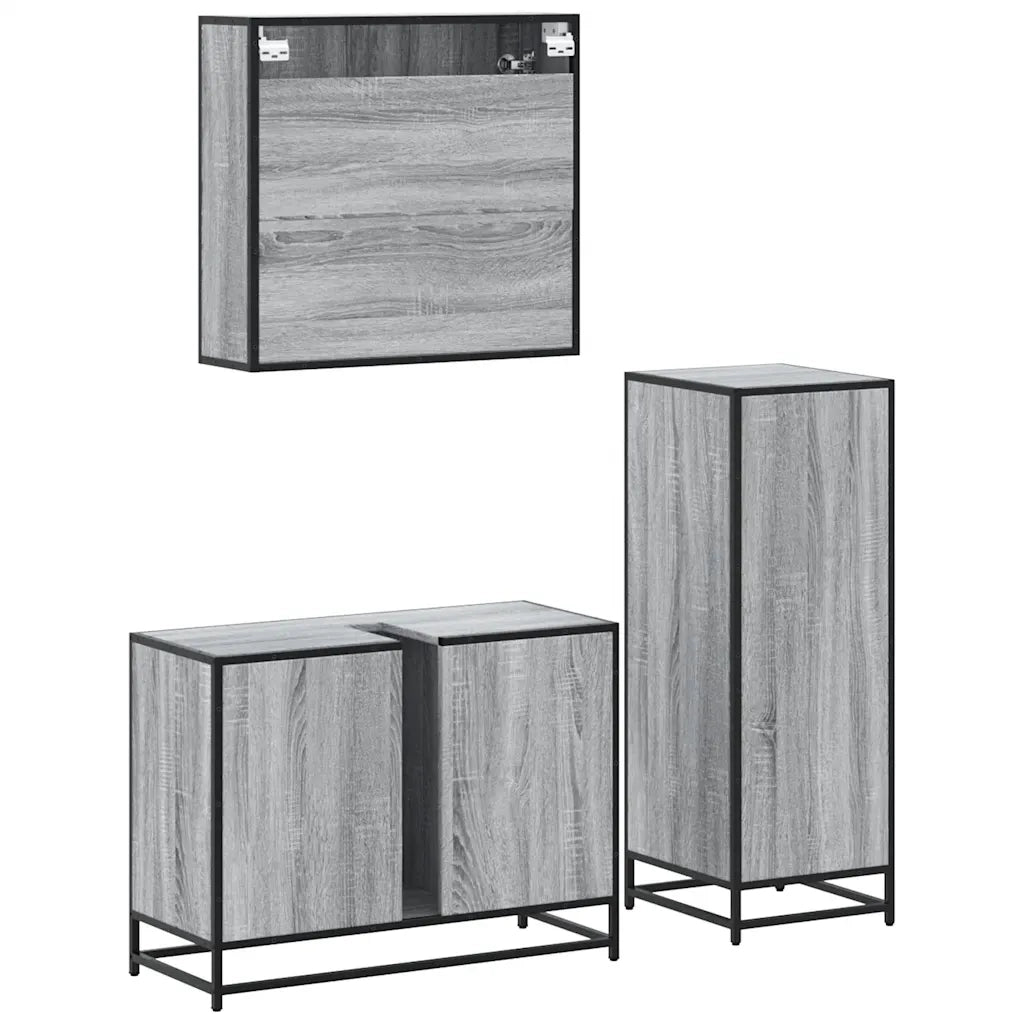 Set Mobili da Bagno 3 pz Grigio Sonoma in Legno Multistrato