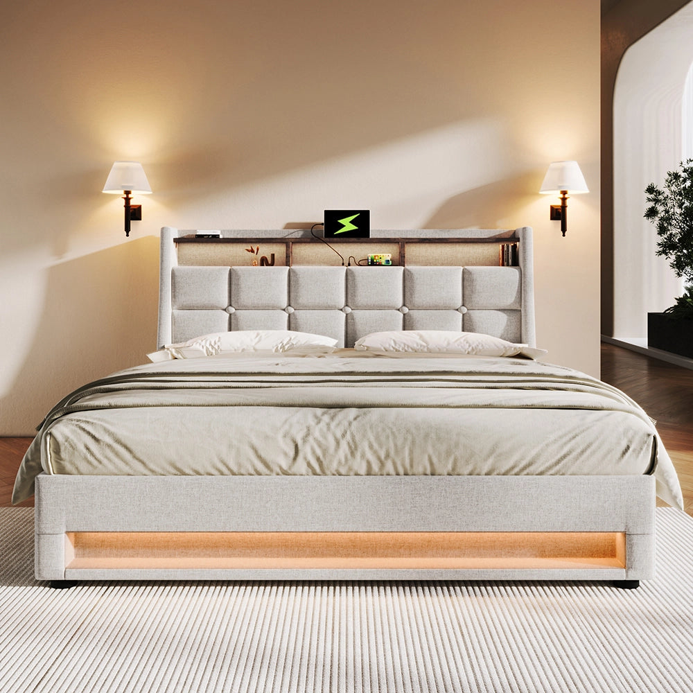 Letto a cassetone imbottito - Xylo - 180x200 cm - Beige - USB, LED, struttura metallica
