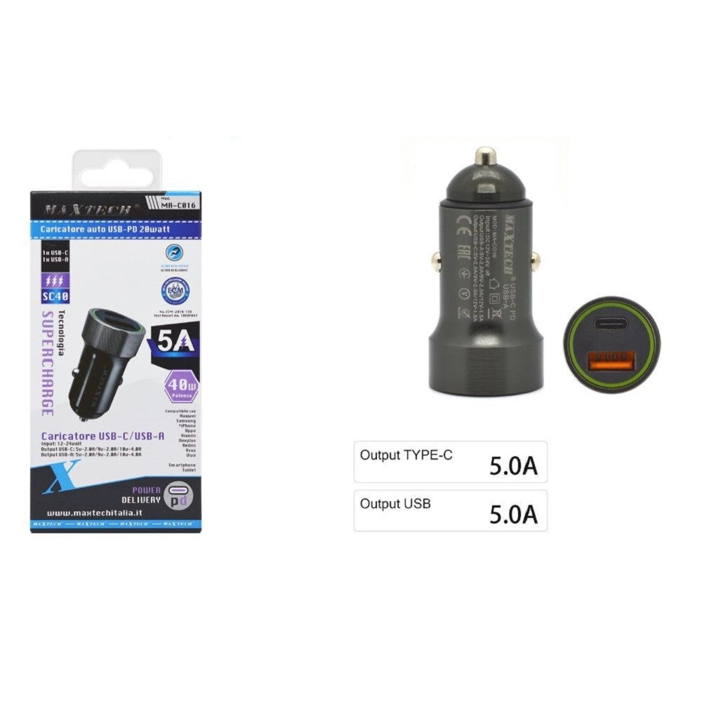 Trade Shop - Caricatore Type-c/usb-a 5a Caricabatteria Per Auto Potenza Erogazione Pd Ma-c016 -