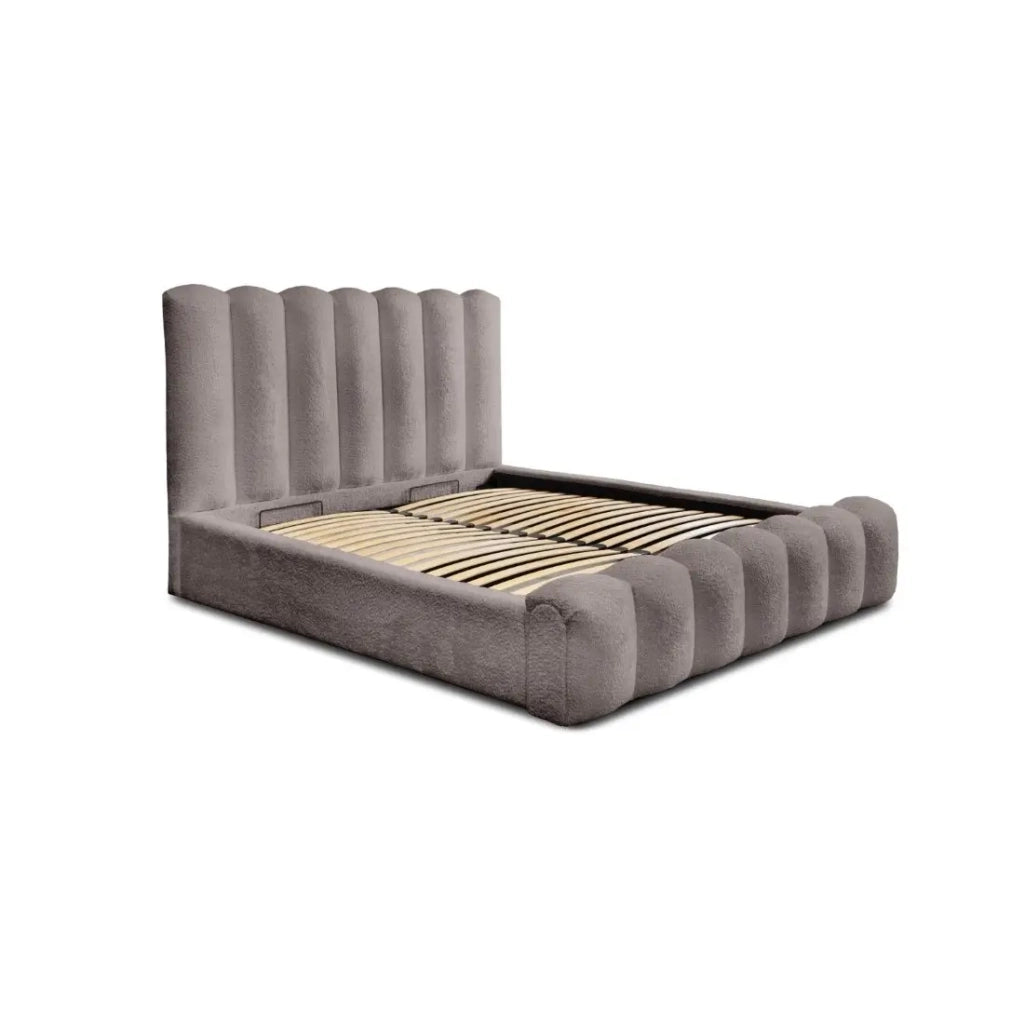 Letto contenitore BADJA – Tessuto bouclé Taupe cendré – 180x200 cm – Rete sollevabile – Design di alta gamma