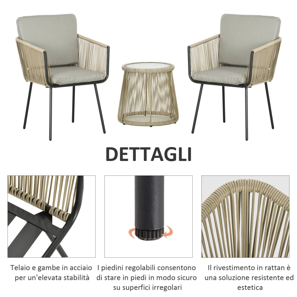 Set da Giardino 2 Sedie in Stile Boho e Tavolino in Vetro in Rattan Caffè