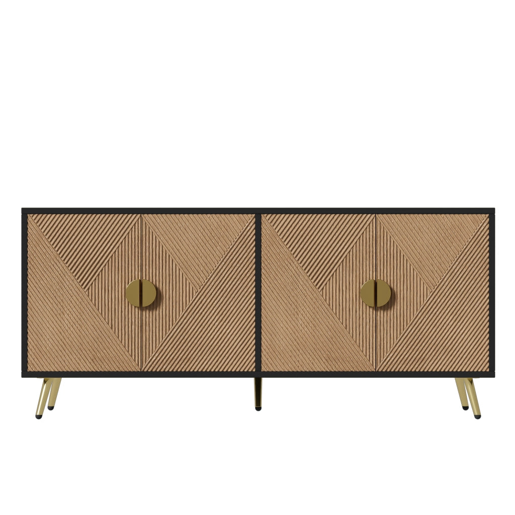 Credenza a quattro ante con maniglie dorate spazzolate e gambe lucide in MDF e pannello truciolare nero e legno 160 × 40 × 75 cm