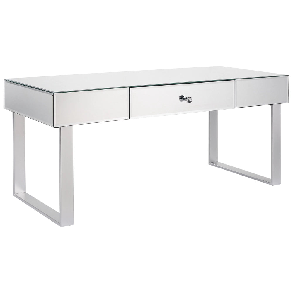 Tavolino  Cassetto Pomello Cristallo Specchiato Vetro Argento Base A Slitta Contenitori Glam